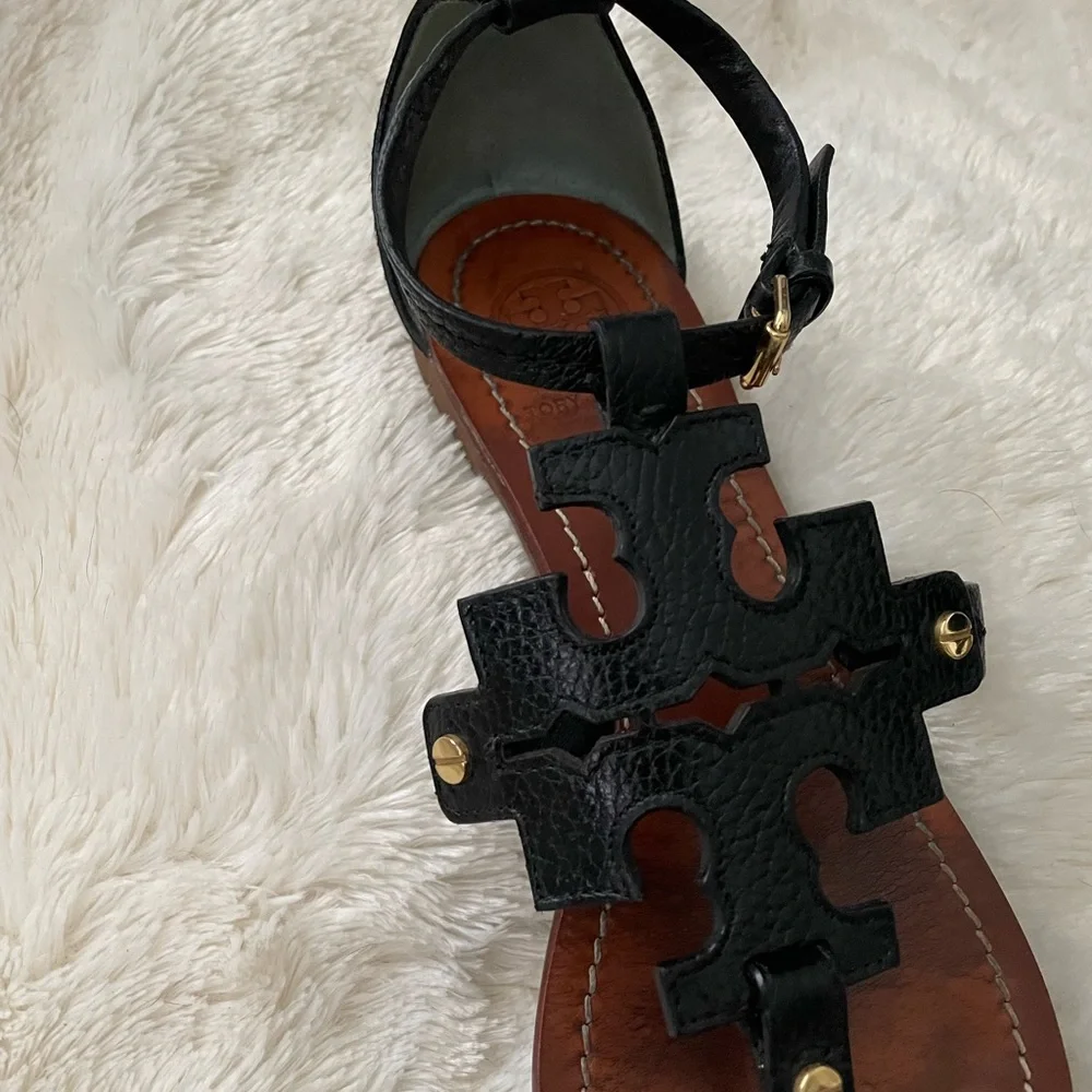 Tory Burch Black Leather Logo T-Strap Sandals